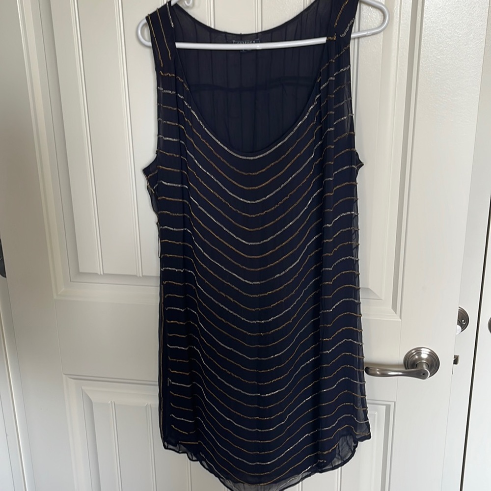 GRYPHON navy silk chiffon dress with gold and silver chain detailing size L